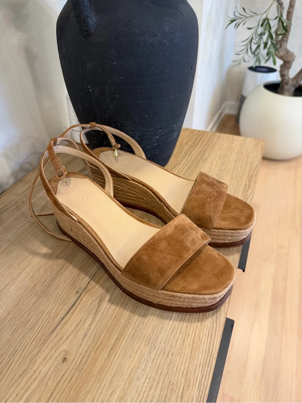 Ralph Lauren Cognac Suede Espadrille Platform Sandals